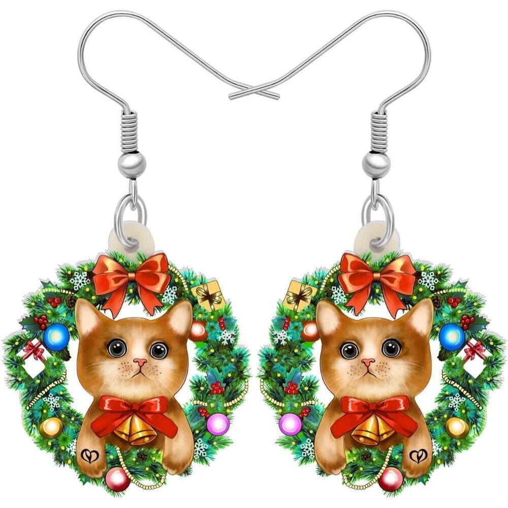⚡Christmas Cat Earrings for Women Cute Holiday Wreath Dangle Drop Jewelry Gift